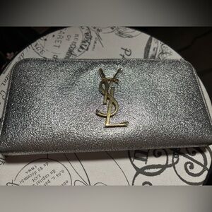 RARE YSL Silver Zippy Wallet with gold accents